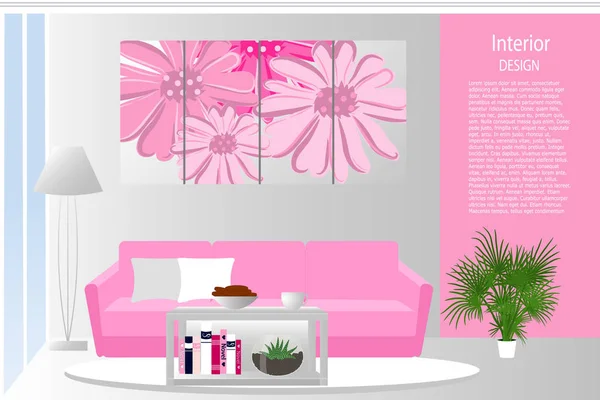 Het interieur van de woonkamer. Elegant woonkamer in roze kleur. Kamer in een moderne stijl. Cartoon. Vectorillustratie. — Stockvector