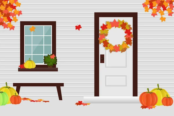 La fachada de la casa en la temporada de otoño, el patio, la cosecha. Ilustración vectorial . — Vector de stock
