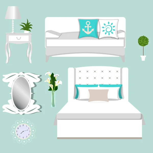 Um conjunto de móveis para o quarto. Cama, sofá, travesseiros, plantas, lâmpadas, relógios, espelho. Vetor . —  Vetores de Stock
