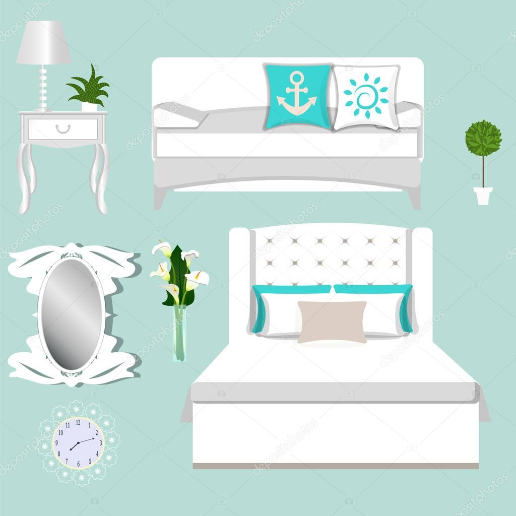 A set of furniture for the bedroom. Bed, sofa, pillows, plants, lamps, clocks, mirror. Vector.