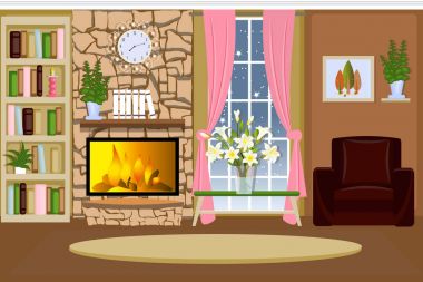 Oturma odası iç. Şömineli rahat Oda. Ev için mobilya. Çizgi film. Vektör.