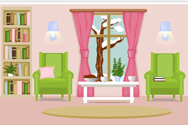 Het interieur van de woonkamer. Gezellige woonkamer met meubilair, een winterlandschap de eerste sneeuw valt. Cartoon. Vectorillustratie. — Stockvector