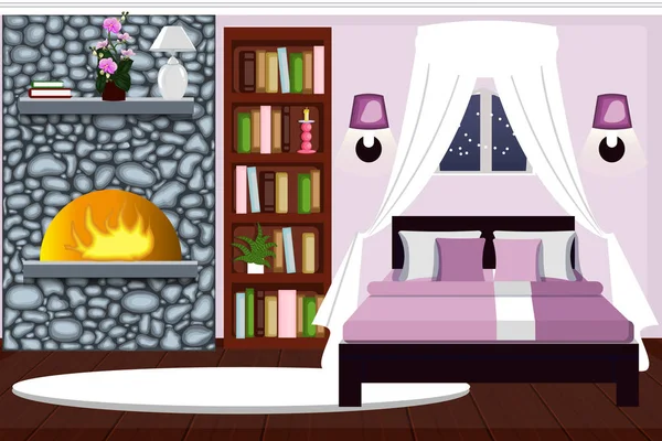 Dormitorio interior con chimenea. Cómoda habitación, noche de invierno. dibujos animados. Vector . — Archivo Imágenes Vectoriales