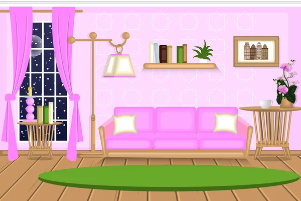 Interiér obývacího pokoje. Útulný pokoj s nábytkem, Zimní večer. Karikatura. Gauč, stůl, lampa, koberec. Vektor. — Stockový vektor