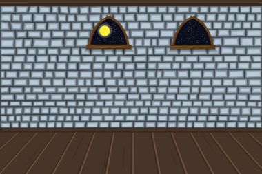 Boş oda. Duvar tuğla, Windows, kat. Kalenin zindan. Cadılar Bayramı. Çizgi film. Vektör.