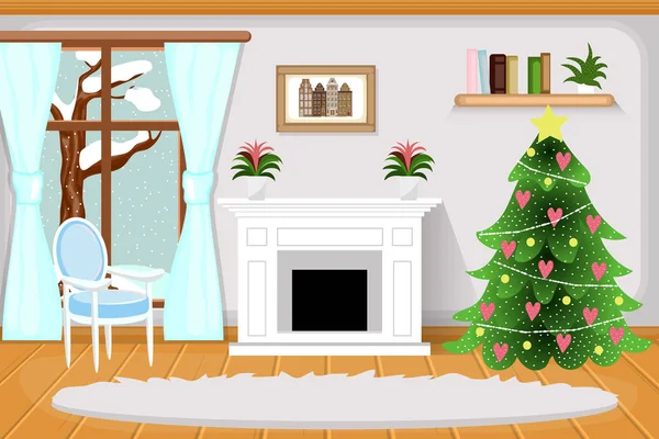 Het interieur van woonkamer met open haard. Winter, gezellige kamer, prachtige spar boom met speelgoed en slingers. Cartoon. Vector. — Stockvector