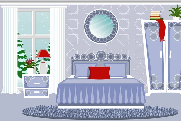 Интерьер спальни. Уютная комната с мебелью. Зимний пейзаж за окном, ель покрыта снегом. Мультфильм. Вектор . — стоковый вектор
