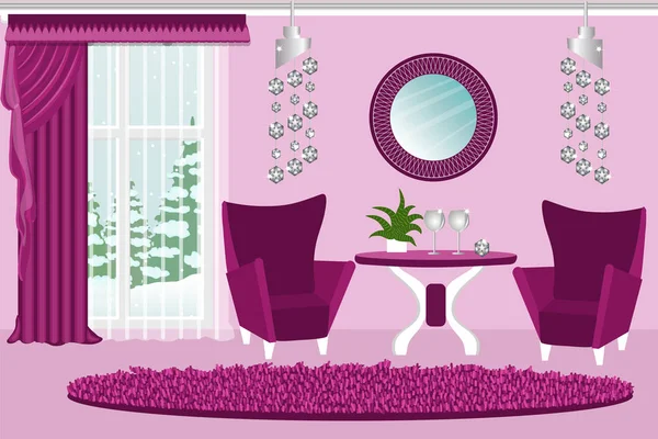 L'intérieur du salon. Chambre intérieure confortable et luxueuse. Chaises, table, lustre en cristal, paysage hivernal. Caricature. Vecteur . — Image vectorielle