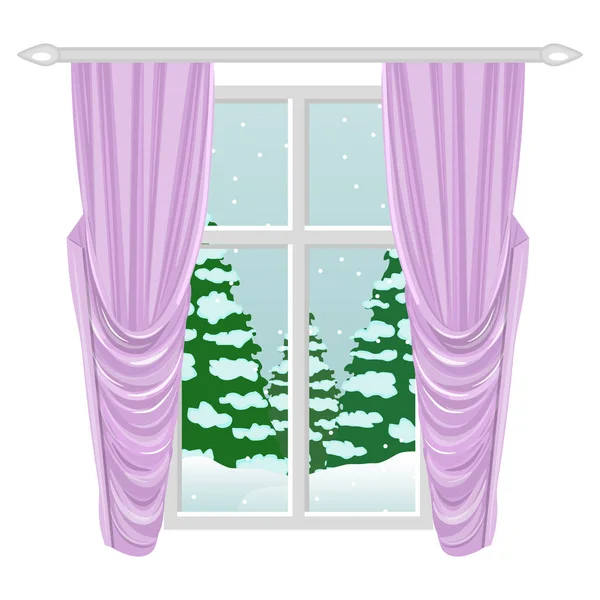 Ventana con elegantes cortinas rosas. Paisaje invernal fuera de la ventana. Para el diseño del hogar, apartamento, casa. dibujos animados. Vector . — Archivo Imágenes Vectoriales