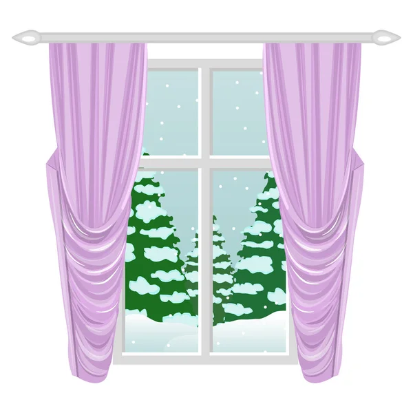 Venster met elegante roze gordijnen. Winter landschap buiten het raam. Voor huisontwerp, appartement, cottage. Cartoon. Vector. — Stockvector