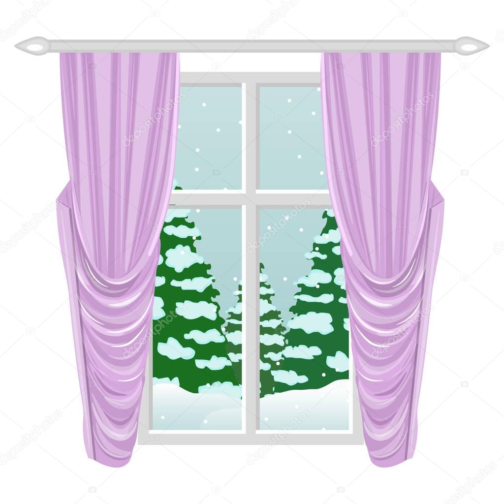 Window with elegant pink curtains. Winter landscape outside the window. For home design, apartment, cottage .Cartoon. Vector.