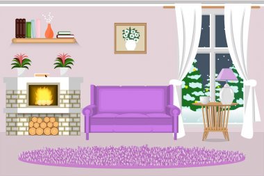 Oturma odası iç. Şömine, kanepe, kış manzara pencerenin dışında. Çizgi film. Vektör.
