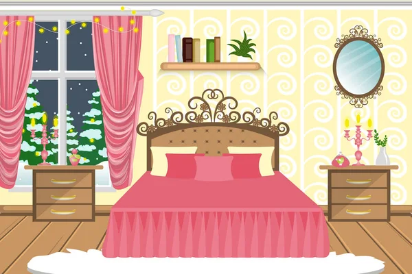 O interior do quarto. Um quarto com uma cama bonita e outros móveis. Casa acolhedora, noite de inverno. No Natal. Desenhos animados. Vetor . — Vetor de Stock