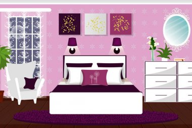 Yatak odası iç. Beyaz mobilya ve tertibatları Oda. Çizgi film. Vektör.