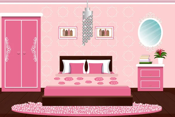 El interior del dormitorio. Hermoso dormitorio en color rosa. Muebles para el hogar. dibujos animados. Vector — Vector de stock