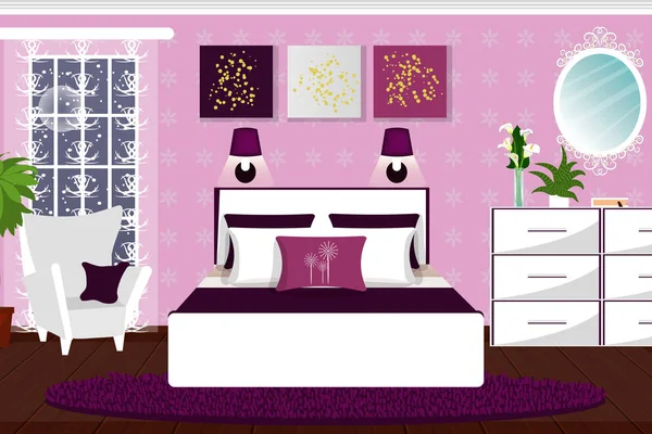 Yatak odası iç. Beyaz mobilya ve tertibatları Oda. Çizgi film. Vektör.