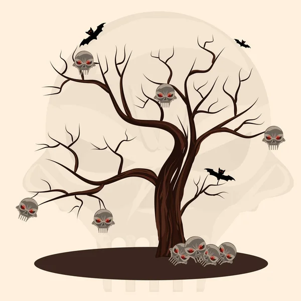 Árbol con cráneos. Halloween. El árbol de la muerte, el horror, el misterio. Dibujos animados. Vector . — Vector de stock