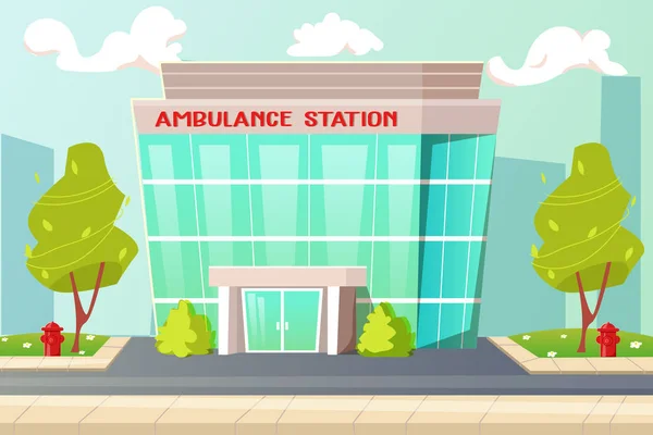 Das Gebäude des städtischen Krankenhauses, die Skyline der Stadt. Karikatur. Vektorillustration. Krankenwagen. Stockvektor