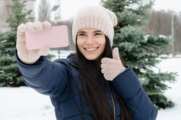 girl with a smartphone calls a friend in the park on a winter day,winter frosty day