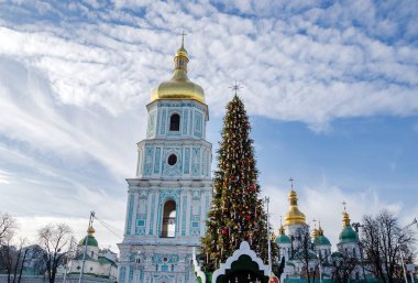 Sofievskaya Meydanı, Kiev, Ukrayna 'daki ana Noel ağacı., 