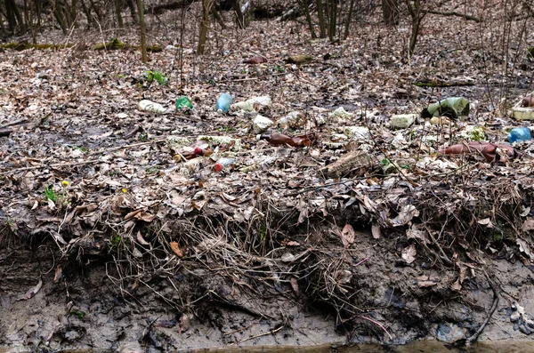 Загрязняющие Пластик Старые Упавшие Деревья Упавшие Текущий Поток Ранняя Весна — стоковое фото
