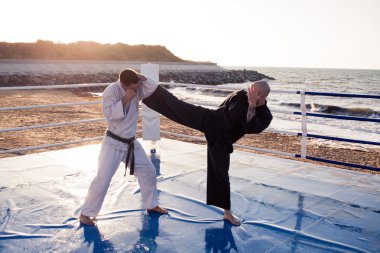 İki profesyonel erkek karate savaşçıları beach boks halka üzerinde sabah mücadele ediyoruz
