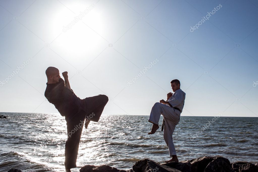 two male  Professional karate fighters posing on stones sea background 