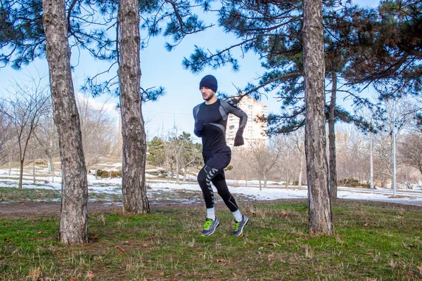 Молодий бігун в парку з соснами — стокове фото