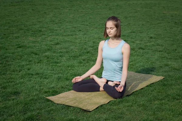 Молодая красивая приспособленная женщина делает yoga asans на зеленой траве с циновкой yoga — стоковое фото