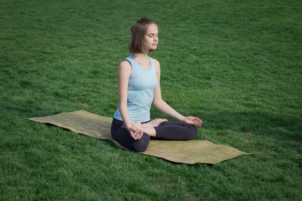 Joven hermosa mujer en forma haciendo yoga asans en la hierba verde con estera de yoga — Foto de Stock