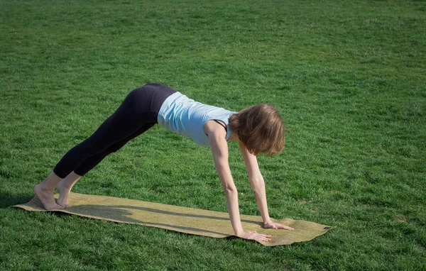 Giovane bella donna in forma facendo asans yoga sull'erba verde con tappetino yoga — Foto Stock