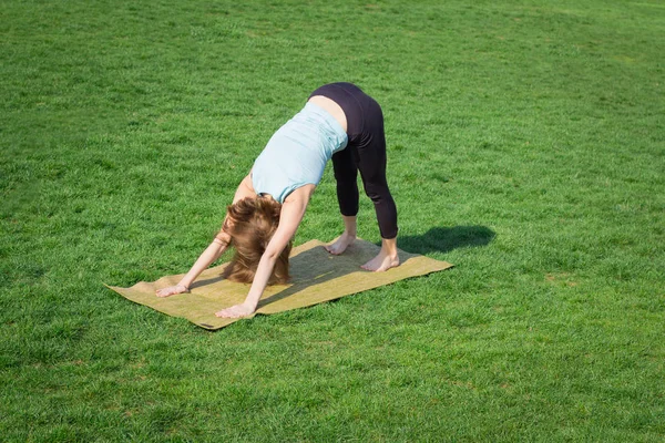 Giovane bella donna in forma facendo asans yoga sull'erba verde con tappetino yoga — Foto Stock