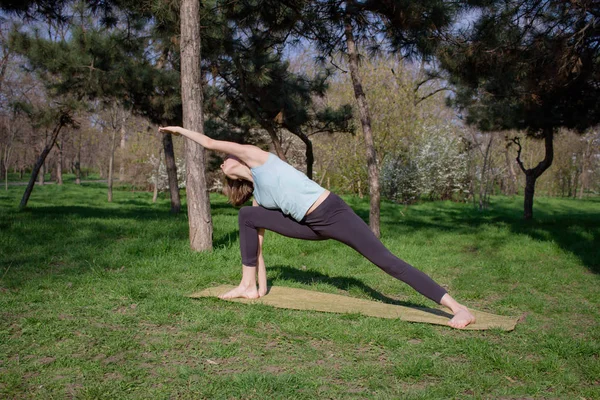 Genç güzel kadın doeing yoga asans pines Park yoga mat ile yerleştirmek — Stok fotoğraf