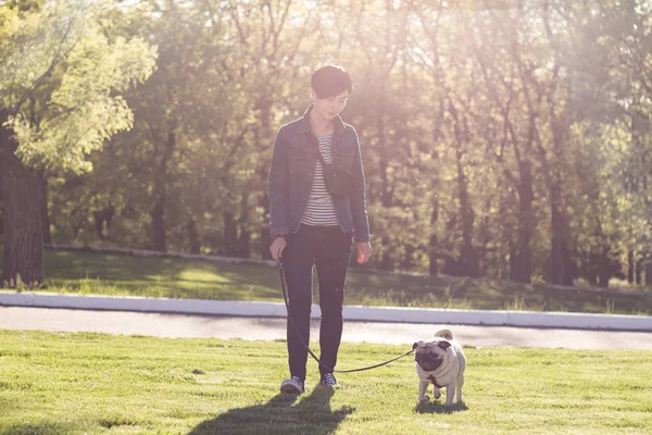 Junge Frau mit Mops im grünen Gras, hübsches Mädchen mit Hund beim Spielen im Park bei Sonnenuntergang oder Sonnenaufgang — Stockfoto