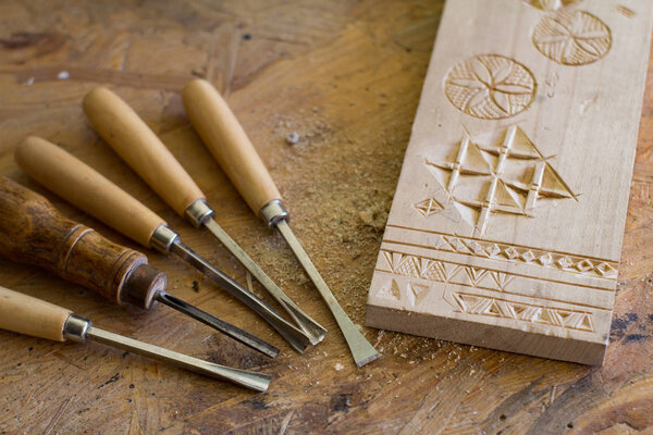 Joinery workshop, tools and process of woodcarving 