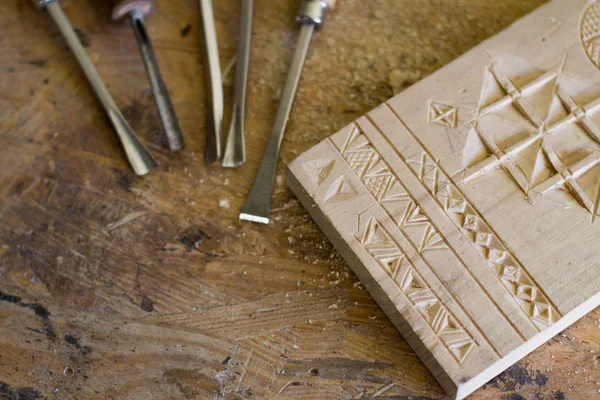 Laboratorio Falegnameria Utensili Lavorazione Della Scultura Legno — Foto Stock