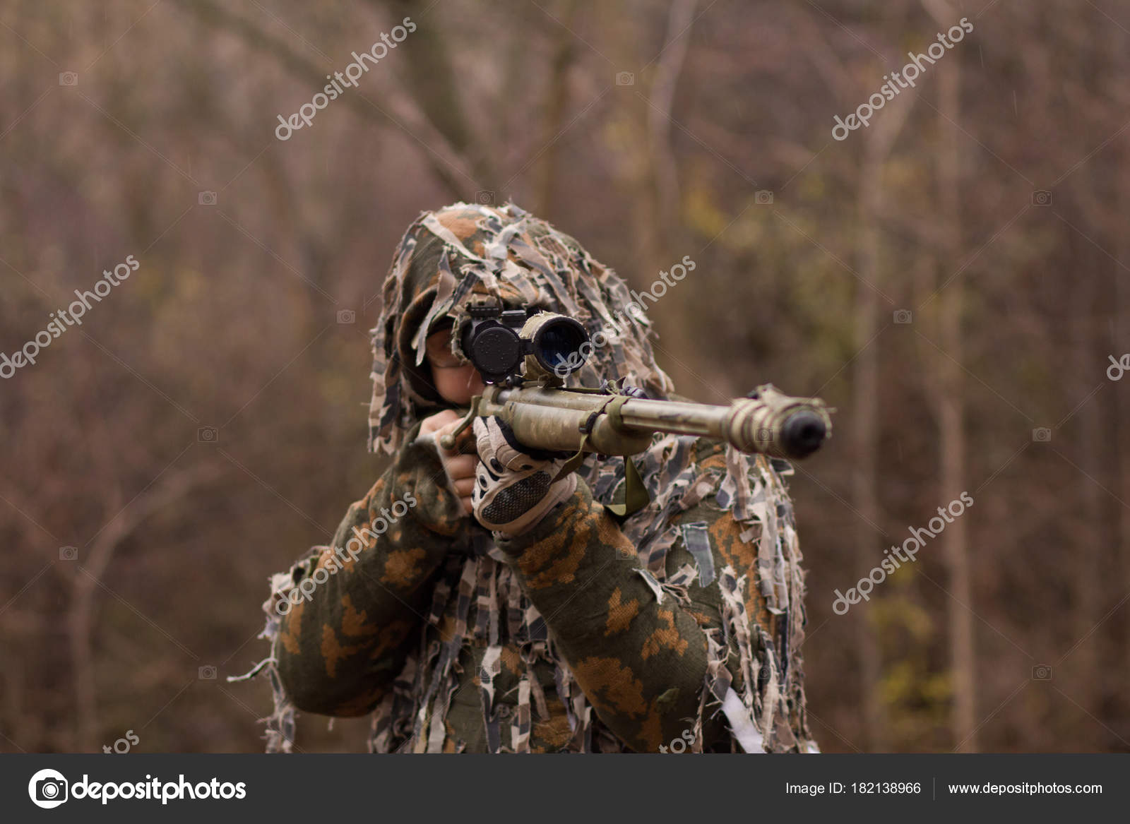 Hunter Soldier Hiding Bushes Autumn Forest Background Sniper Rifle