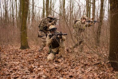 Grup asker savaşta tam Tekdüzen sonbahar ormanda