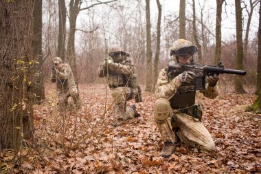 Grup asker savaşta tam Tekdüzen sonbahar ormanda