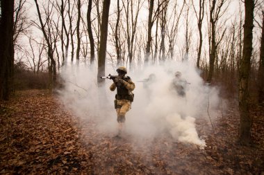 Grup sonbahar orman, gri duman arka planda Tekdüzen tam savaşta asker 