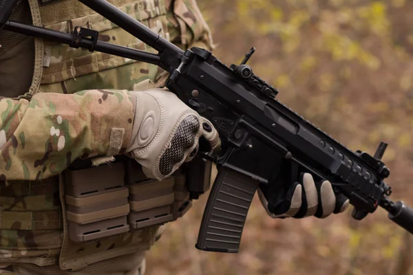 Close Picture Black Assault Rifle Hands Nato Soldier — Stock Photo, Image