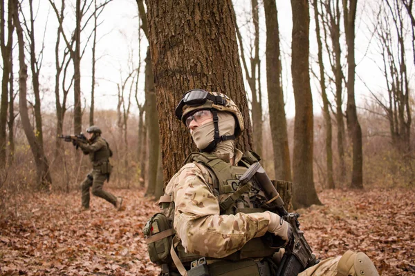 Group Soldiers Full Battle Uniform Autumn Forest — Stock Photo, Image