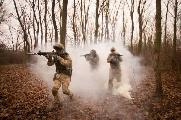 Katonák Teljes Csata Egységes Őszi Erdő Szürke Füst Háttérben Csoport — Stock Fotó