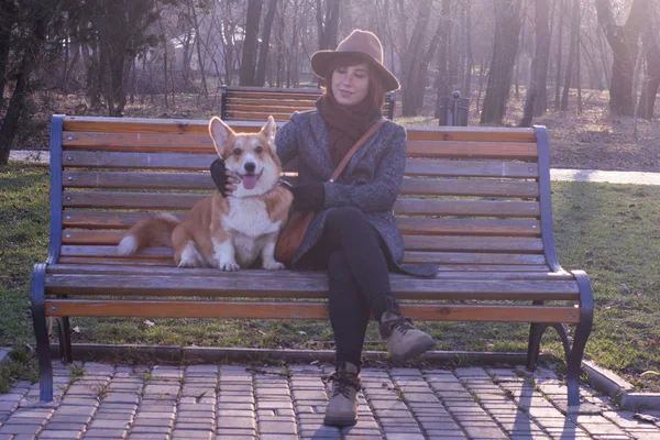 Junge Frau Mit Hut Park Spazieren Mit Niedlichem Corgi Hund — Stockfoto