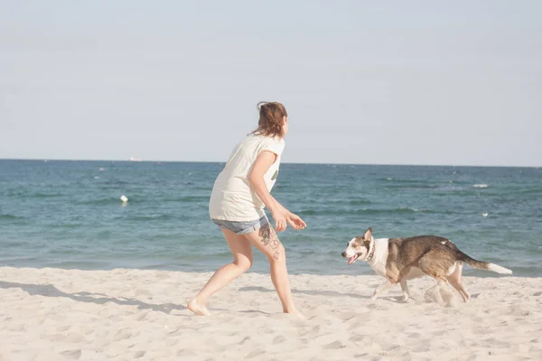 Jovem Mulher Com Cão Praia Verão Dia Ensolarado — Fotografia de Stock