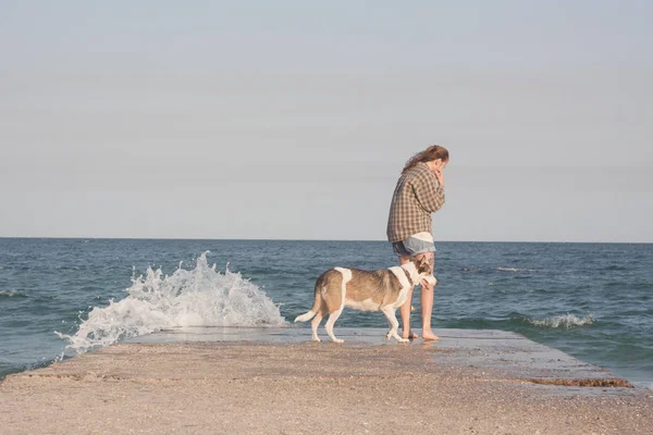 Mujer Joven Con Perro Playa Verano Día Soleado — Foto de Stock