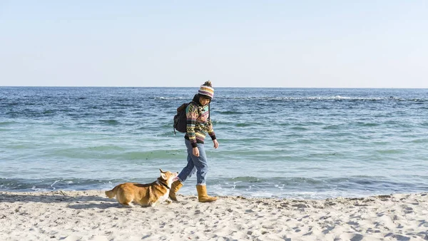 Joven Caminata Femenina Feliz Con Lindo Perro Corgi Playa Soleada — Foto de Stock