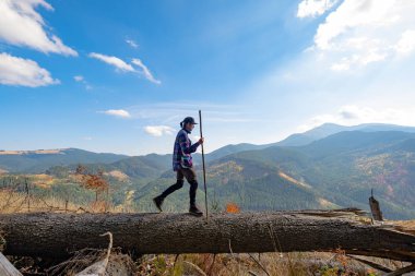 Elinde sopayla genç bir gezgin büyük bir kütüğün, dağların ve gökyüzünün üzerinde duruyor.