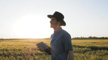 Şapkalı genç erkek buğday tarlasında tabletle çalışıyor.