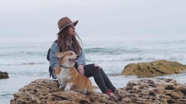 一个年轻女人带着科吉犬在海滩上摆姿势 一个女人带着恐惧的头发 一个女人带着宠物的帽子 — 图库视频影像